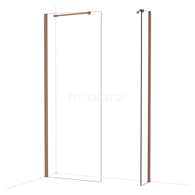 Duschwand mit kupferfarbenen Profilen, minimalistisches Design, Glaswand der Pureline-Serie für ein modernes Badezimmer.