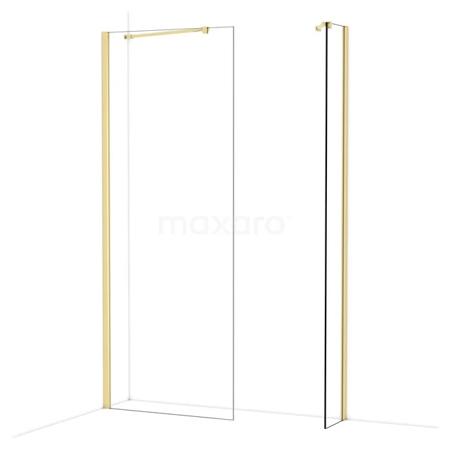 Glazen inloopdouche met goudkleurige profielen, strak ontwerp, ideaal voor een moderne badkamer.