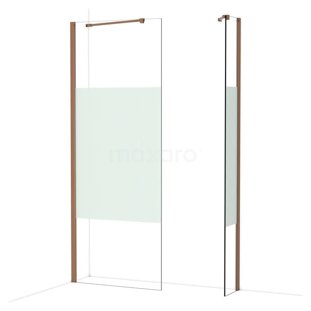 Glazen inloopdouchewand met koperkleurige profielen, modern design, perfect voor een stijlvolle badkamer.