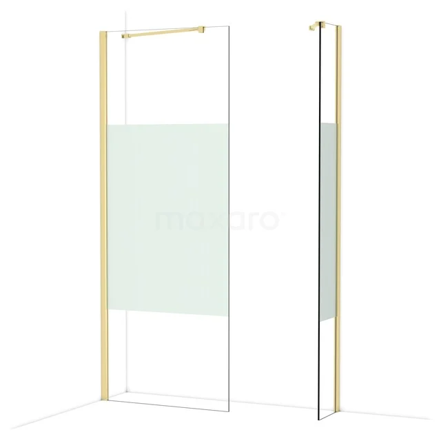 Douchewand met goudkleurige profielen, helder glas en mat glazen accent, perfect voor een moderne badkamer inrichting.