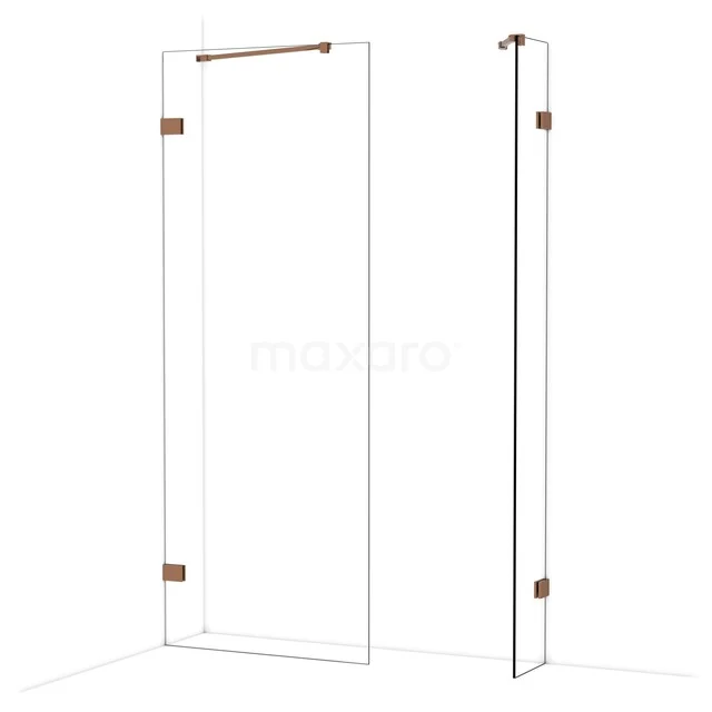 Glazen douchewand met koperkleurige scharnieren, moderne look, ideaal voor een stijlvolle badkamerinrichting.