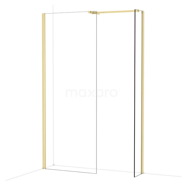 Gouden douchewand met helder glas, minimalistisch design en hoekopstelling voor een stijlvolle en moderne badkamer.