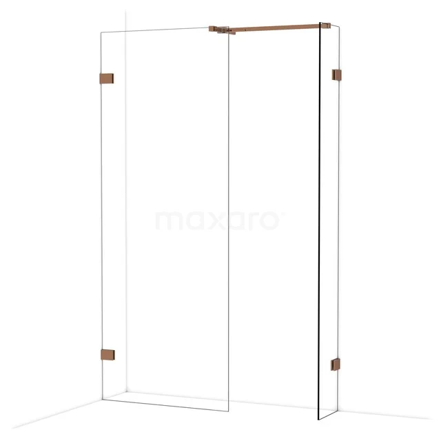 Glazen douchewand met koperkleurige details, strak design, ideaal voor moderne badkamers.