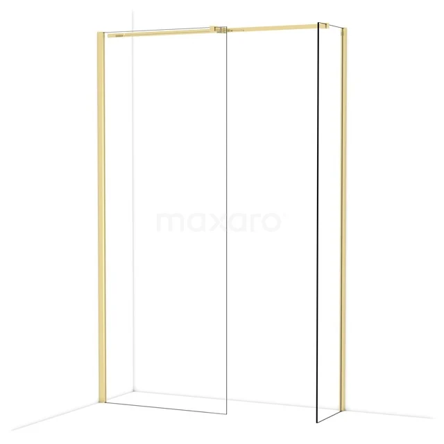 Gouden douchewand met schuifdeur, helder glas, strak design. Perfecte toevoeging voor een moderne badkamer.