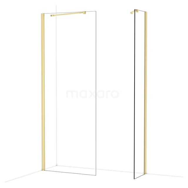 Glas begehbare Dusche mit goldfarbenem Rahmen, modernes Design, ideal als stilvolle Ergänzung zu einem luxuriösen Badezimmer.