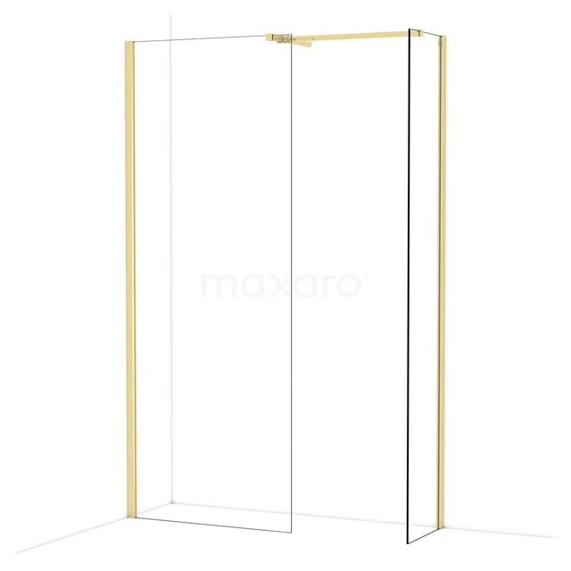Goudkleurige douchewand met helder glas en minimalistisch design, ideaal voor een moderne badkamer.