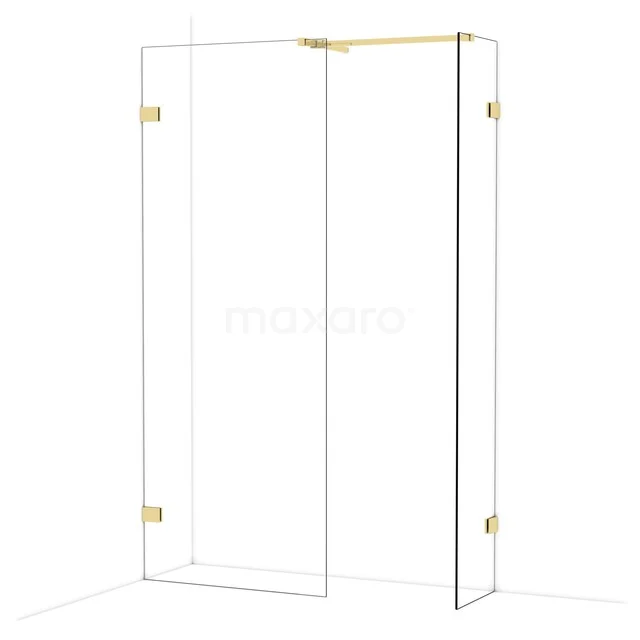 Glass shower wall with gold-coloured hinges, modern design, ideal for a luxury bathroom.