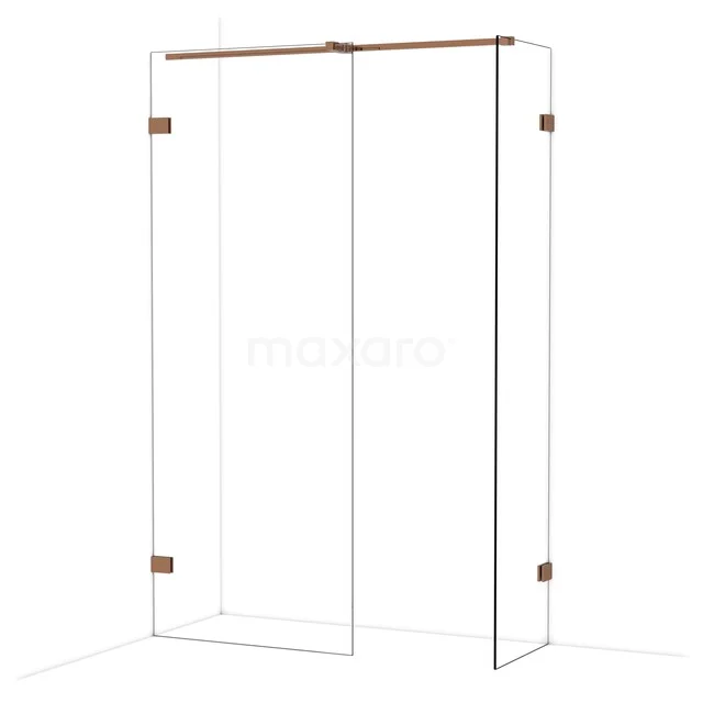 Douchewand met helder glas, roestvrijstalen accenten in koperkleur, eigentijds ontwerp voor een stijlvolle badkamer.