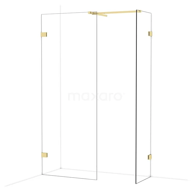 Transparante glazen douchewand met goudkleurige scharnieren, moderne stijl, ideaal voor een luxe badkamer.