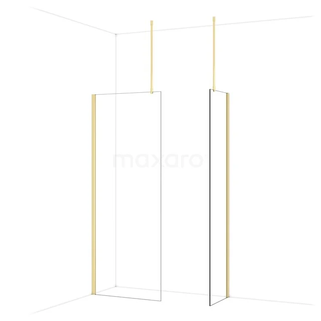 Diamond begehbare Dusche | 80x50 cm Glänzendes Hellgold 2 feste Wände IDB0805910GLG Minimalistische Duschwand mit goldfarbenem Rahmen, schlankem Design und Deckenstützen, perfekt für einen modernen Badezimmerstil.