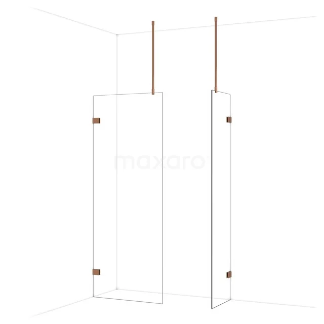 Inloopdouchewanden van glas met goudkleurige scharnieren en plafondsteunen, modern design voor een stijlvolle badkamer.