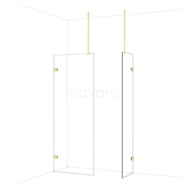 Heldere glazen douchewand met goudkleurige scharnieren, strak design; ideaal voor een stijlvolle badkamer inrichting.