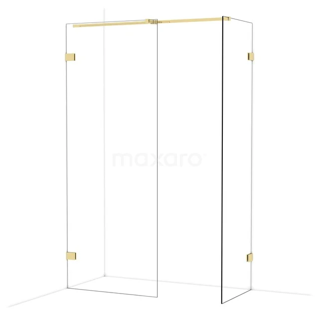 Glasene Duschwand mit goldfarbenen Scharnieren, elegantes Design; ideal für moderne Bäder, in denen Stil und Luxus aufeinandertreffen.