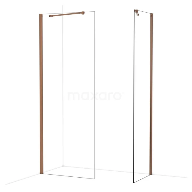 Inloopdouche met goudkleurige profielen, strak design en glazen wanden, perfect voor een moderne badkamer.