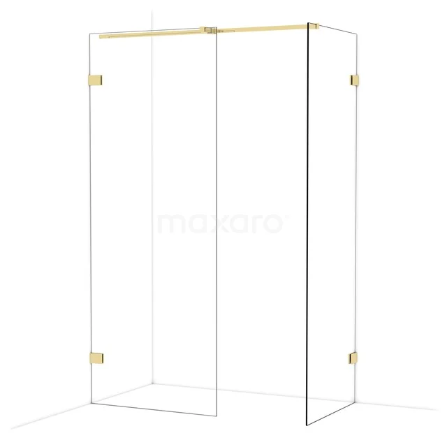 Gold-coloured walk-in shower with glass panels and minimalist design, perfect for a stylish bathroom decor.