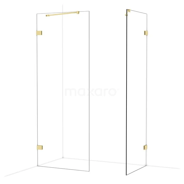 Transparente Glastür mit goldfarbenen Scharnieren, ideal für moderne Badezimmergestaltung.