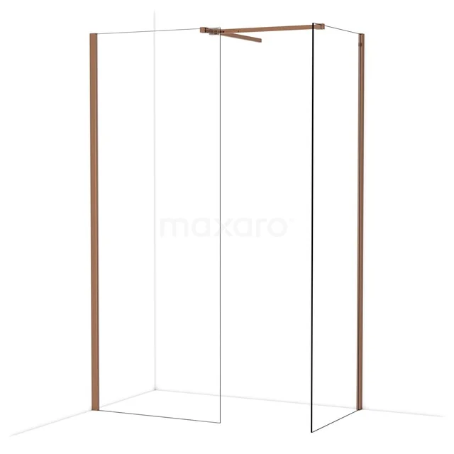 Douchewand met hoekopstelling, helder glas en moderne houten accenten, ideaal voor stijlvolle badkamerinrichtingen.