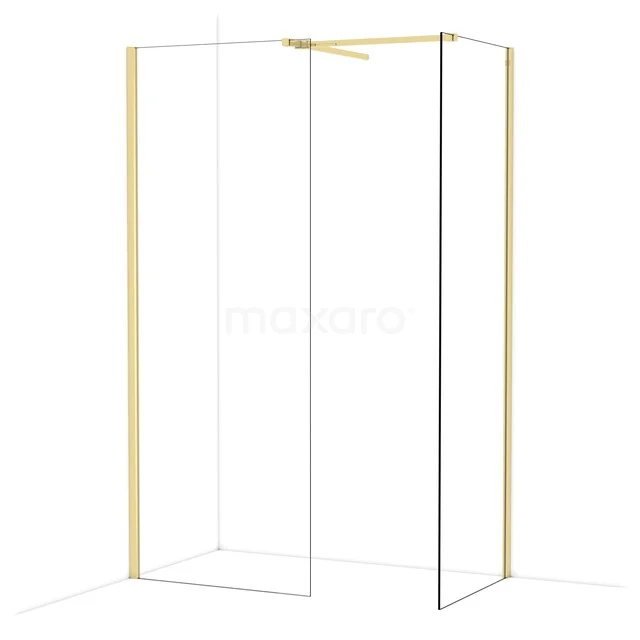 Golden shower wall with glass panels and sleek design, perfect for a modern bathroom decor.