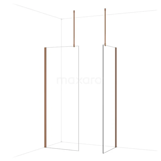 Minimalistische Glas-Duschwand mit Eckaufstellung, schlanken Profilen und rahmenlosem Design, ideal für ein modernes Badezimmer.