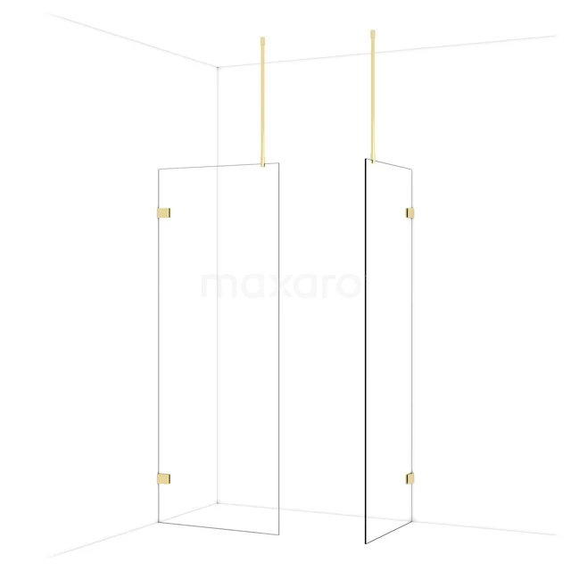 Glas Duschwand mit goldfarbenen Akzenten, minimalistisches Design, perfekt für eine stilvolle Badezimmergestaltung.