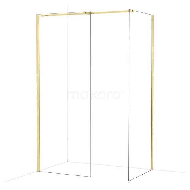 Gouden frameloze douchewand van glas, minimalistisch design, perfect voor een moderne badkamer.