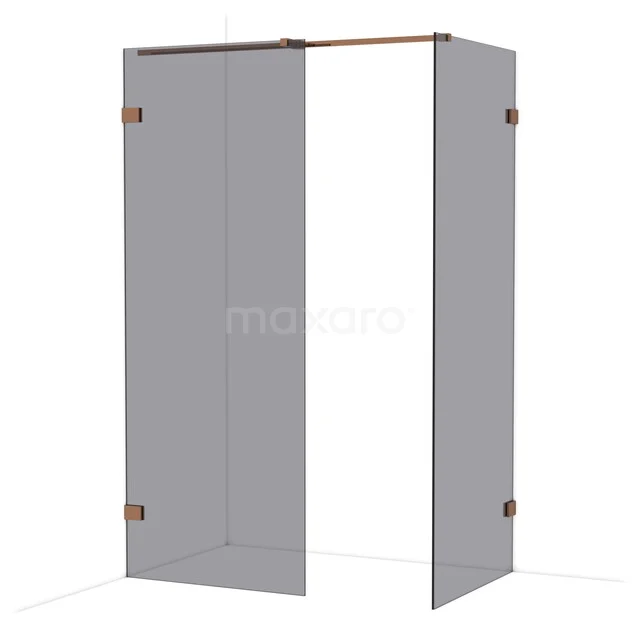 Douchewand in L-vorm van helder glas, met koperkleurige details, ideaal voor een stijlvolle en moderne badkamer.