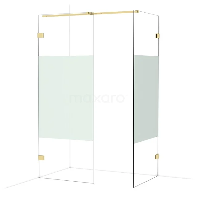 Glazen douchewand met goudkleurige details, mat middenpaneel en hoekdesign, perfect voor een moderne badkamer.