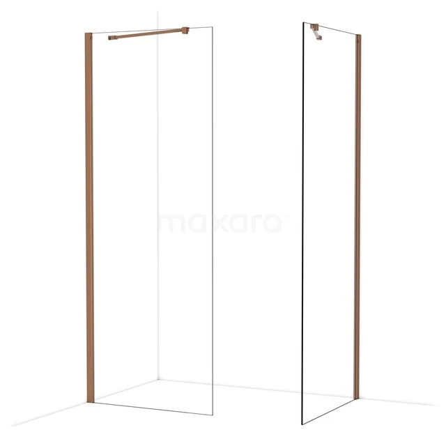 Douchewandenset met transparant glas, koperkleurige profielen en strak ontwerp, ideaal voor een moderne badkamer.