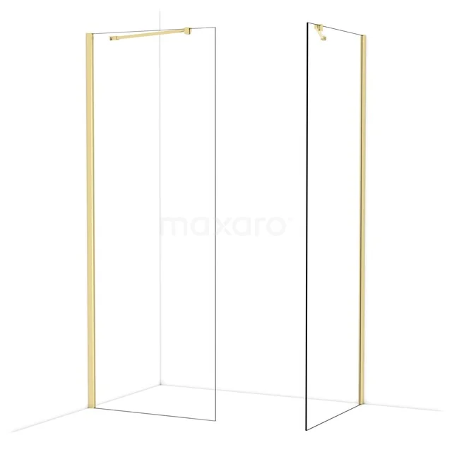 Goudkleurige inloopdouchewand met minimalistisch design, frameloos glas en stijlvolle badkamerafwerking.