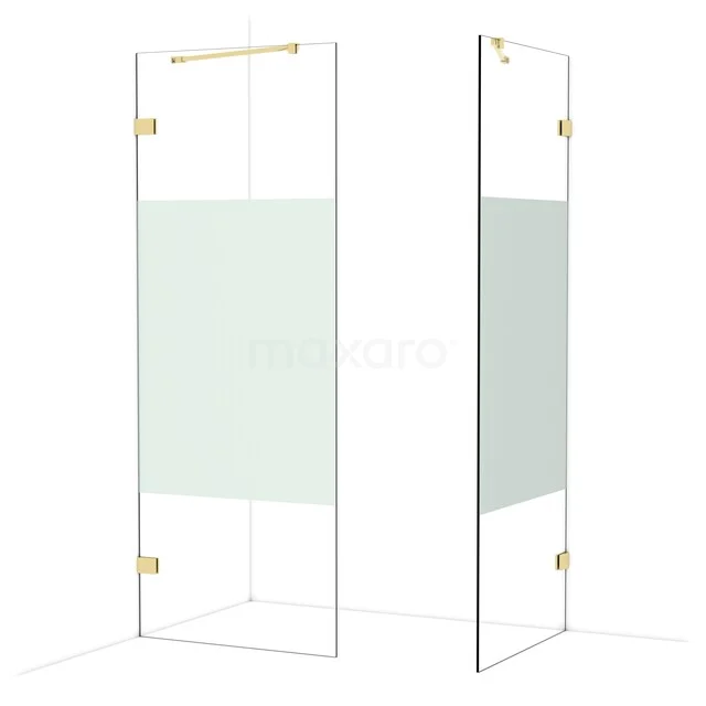 Diamond Walk-in shower | 80x80 cm Shiny light gold Clear with matt strip 2 fixed walls IDB0808423GLG Frosted glass shower wall with gold accents, modern design, ideal for a stylish and luxurious bathroom decor.