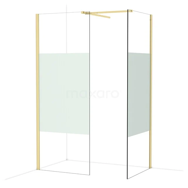 Diamond Walk-in shower | 80x80 cm Glossy light gold Clear with matt strip 2 fixed walls IDB0808513GLG Gouden hoekdouchewand met transparant glas en matglas details, luxe design voor moderne badkamers.