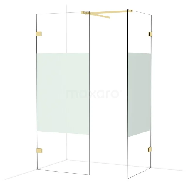 Luxury shower wall with gold accents, transparent glass and matte section, ideal for a stylish and modern bathroom.