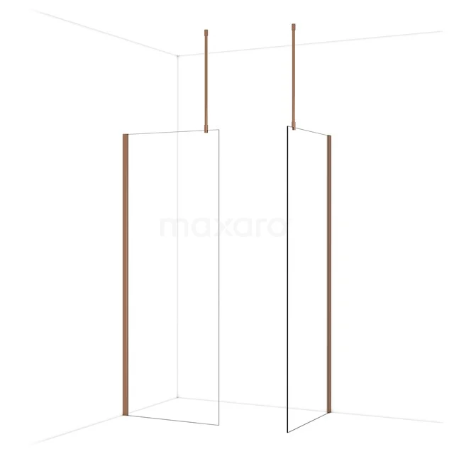 Inloopdouche met transparant glas en goudkleurige profielen, minimalistisch design voor moderne badkamers.