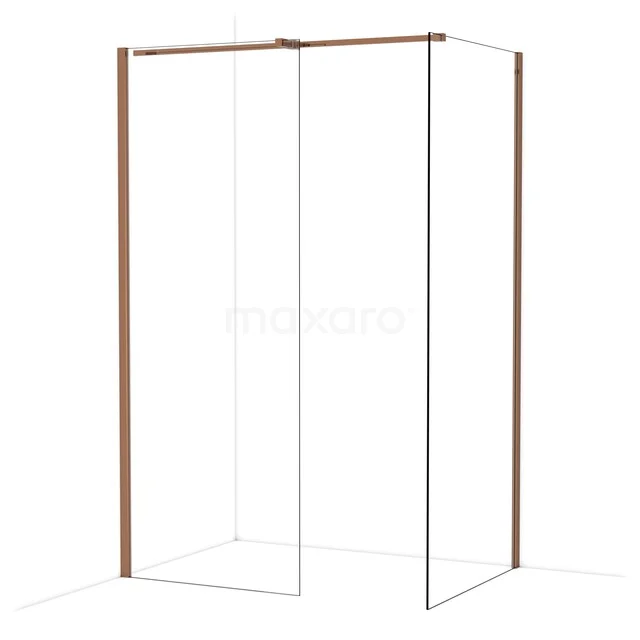 Douchewand met hoekopstelling, mat zwart frame en helder glas, perfect voor een moderne badkamerinrichting.