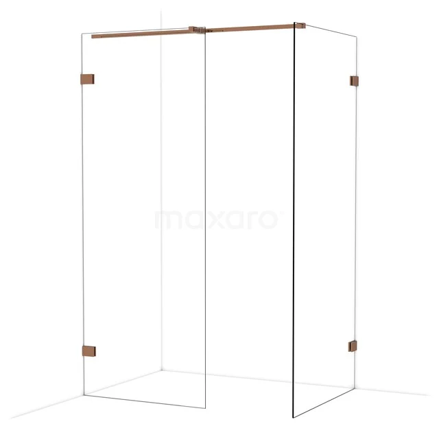 Glazen douchewand met koperkleurige accenten, modern ontwerp; ideaal voor stijlvolle badkamerinrichting.