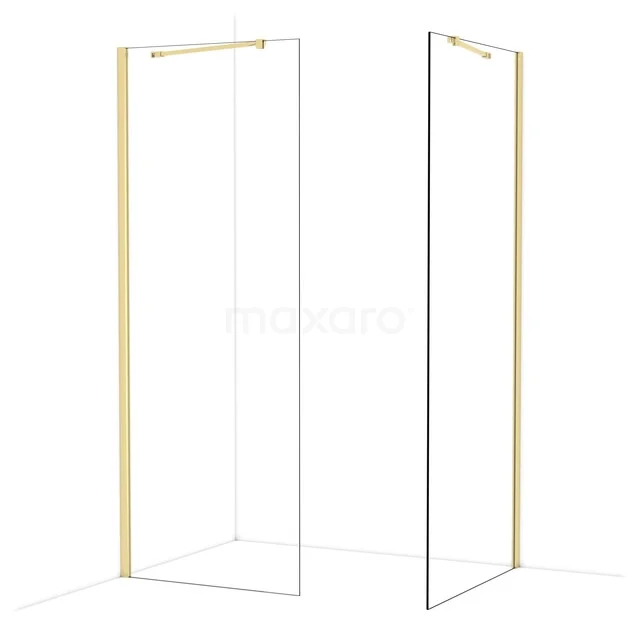Douchewand met mat gouden profiel, minimalistisch design en helder glas, ideaal voor een stijlvolle badkamer.