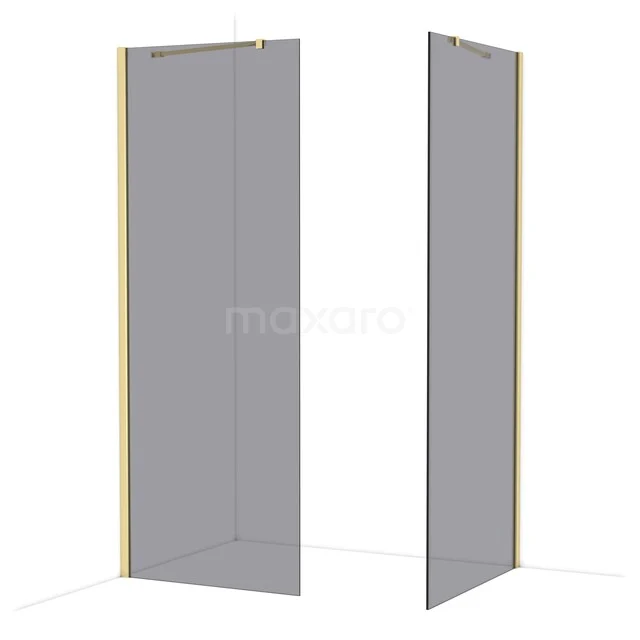 Glass shower wall with gold-coloured aluminium profiles, minimalist design for a luxury bathroom.