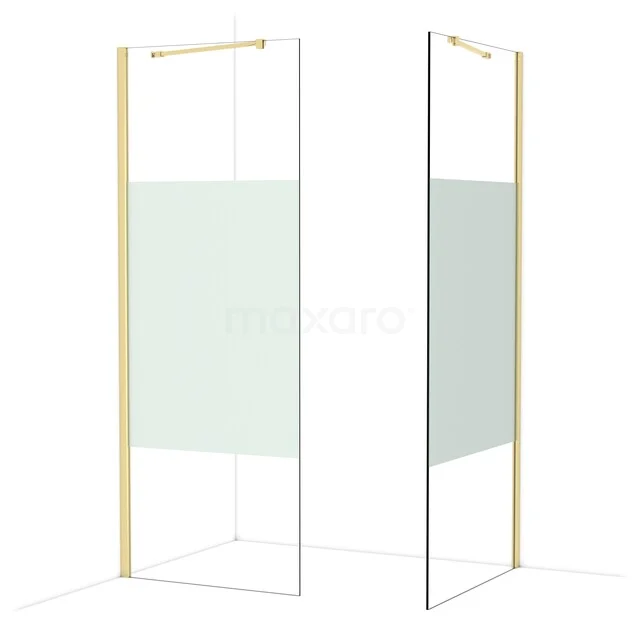 Shower wall with gold-coloured frame, glass panel and modern design, ideal as an elegant addition to the bathroom.