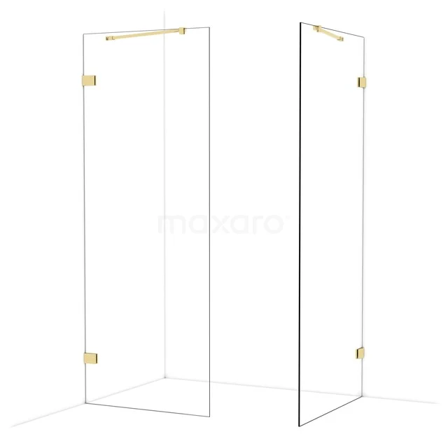 Transparante glazen douchewand met goudkleurige scharnieren, minimalistisch design, perfect voor een moderne badkamer inrichting.