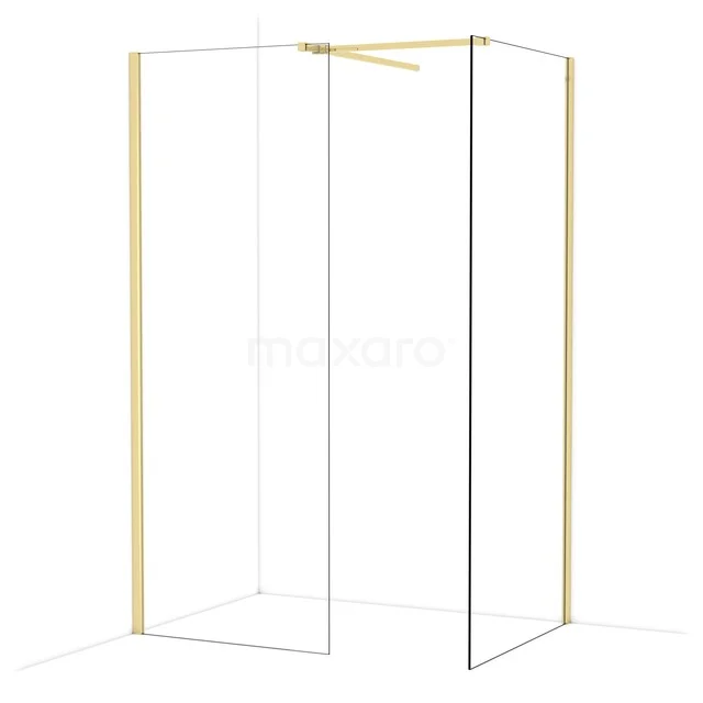Glas Duschwand mit goldfarbenem Rahmen, eckiges Design, ideal für ein modernes Badezimmer.