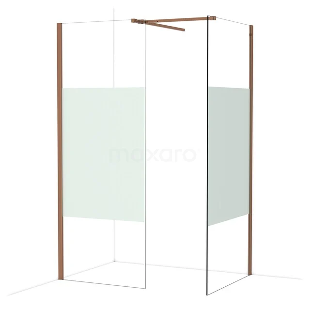 Diamond Walk-in shower | 90x80 cm Shiny copper Clear with matt strip 2 fixed walls IDB0809513GKP Douchewand met hoekopstelling, helder glas en koperkleurige profielen, perfect voor een moderne badkamerstijl.