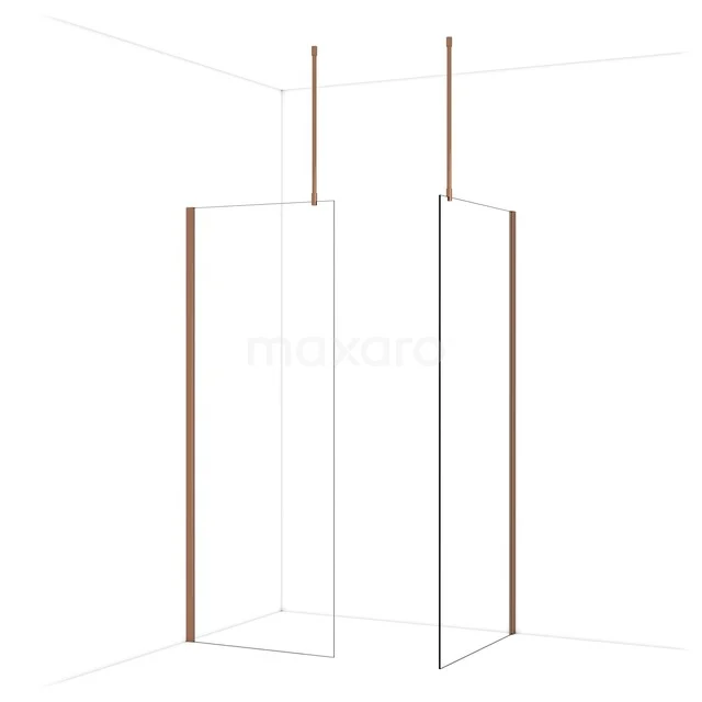 Shower wall with a minimalist design, clear glass, copper-coloured accents, and corner configuration for a stylish bathroom.
