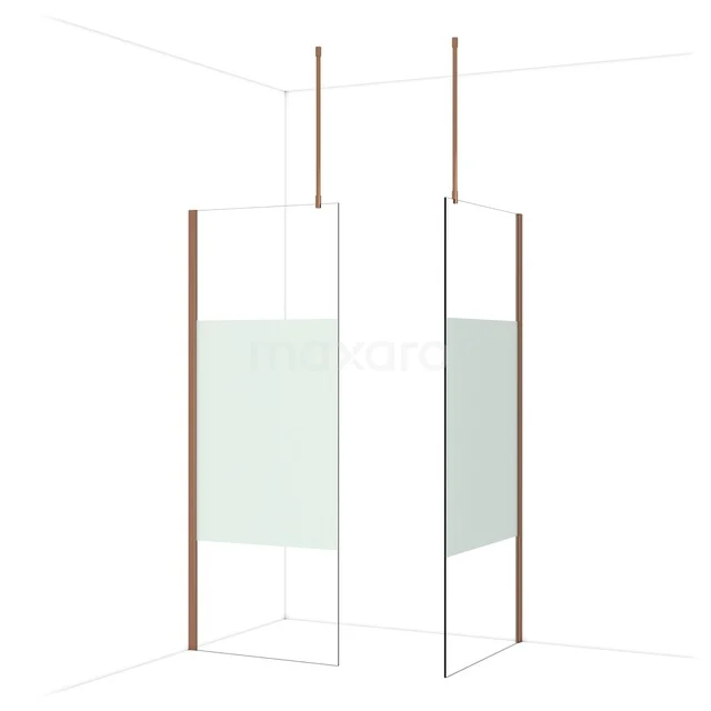 Minimalistische douchewand met koperaccenten, transparant glas en mat paneel, perfect voor een stijlvolle badkamer.