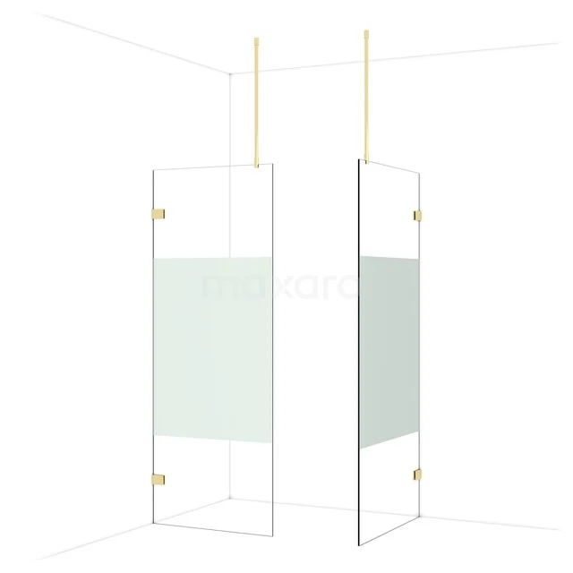 Luxe glazen douchewand met mat melkglas-accent, goudkleurige scharnieren en vloer-tot-plafond bevestiging voor moderne badkamers.
