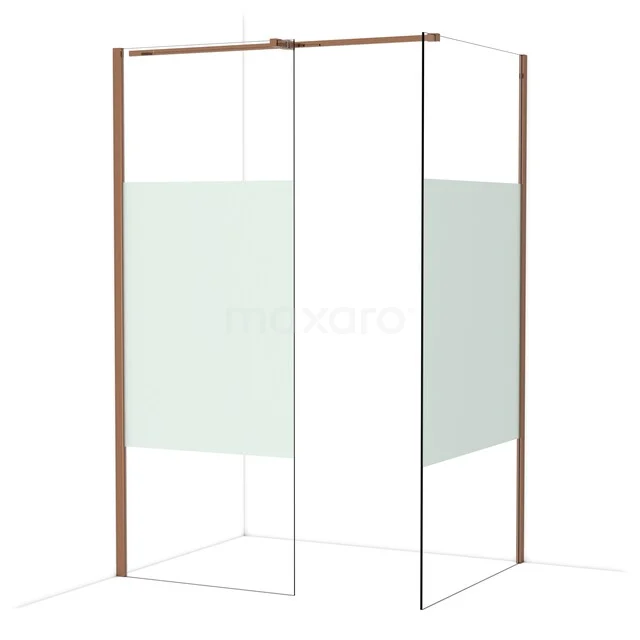 Duschwand aus Glas mit matten Kupferprofilen, Eckdesign für moderne Bäder.