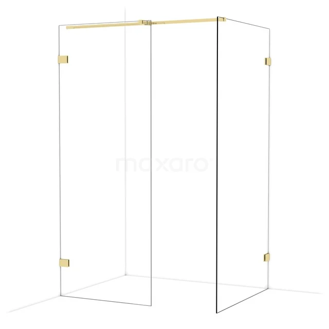 Transparent glass shower wall with gold-coloured hinges, suitable for a modern bathroom design.