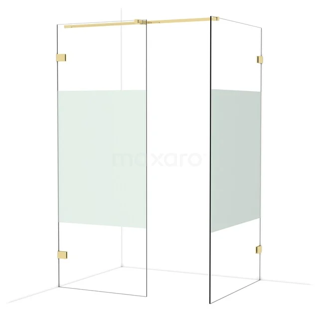 Luxe douchewand met goudkleurige accenten, matglas inleg en strak design, ideaal voor een stijlvolle badkamerindeling.