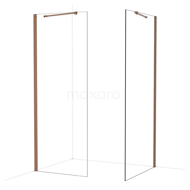 Duschwand mit kupferfarbenen Profilen, minimalistisches Design, Glas und geeignet für moderne Bäder.