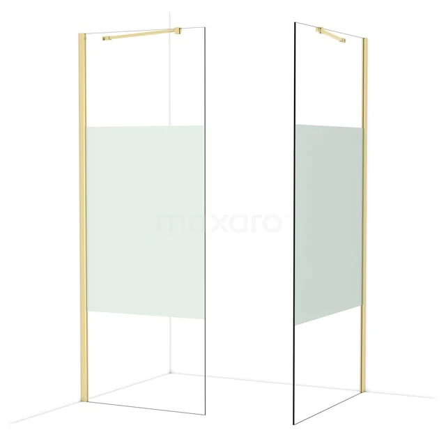 Diamond Walk-in shower | 100x80 cm Glossy light gold Clear with matt strip 2 fixed walls IDB0810413GLG Gouden douchewand met minimalistisch ontwerp, helder glas en mat wit detail; stijlvolle scheidingswand voor de badkamer.