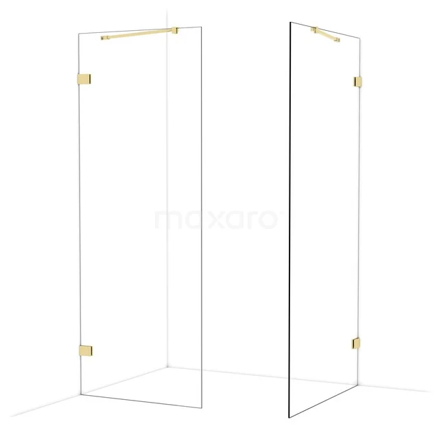 Glazen douchewand met gouden scharnieren, minimalistisch design van gehard glas, perfect voor een moderne badkamer.